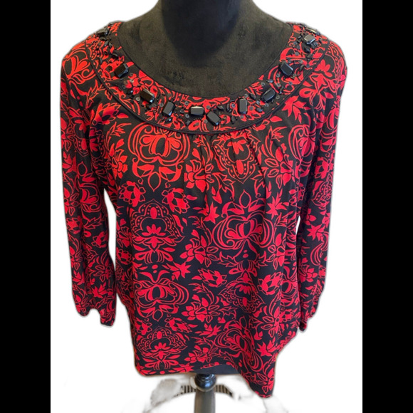 Covington Womens Blouse Size Large Red Black Embellished Neckline Dressy Flowy - Picture 2 of 11